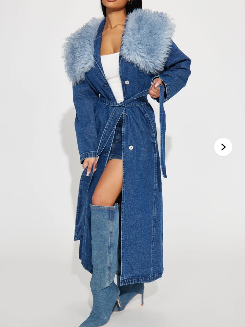 Fashion Nova Blue Denim Trench Coat with Light Blue Faux Fur Collar